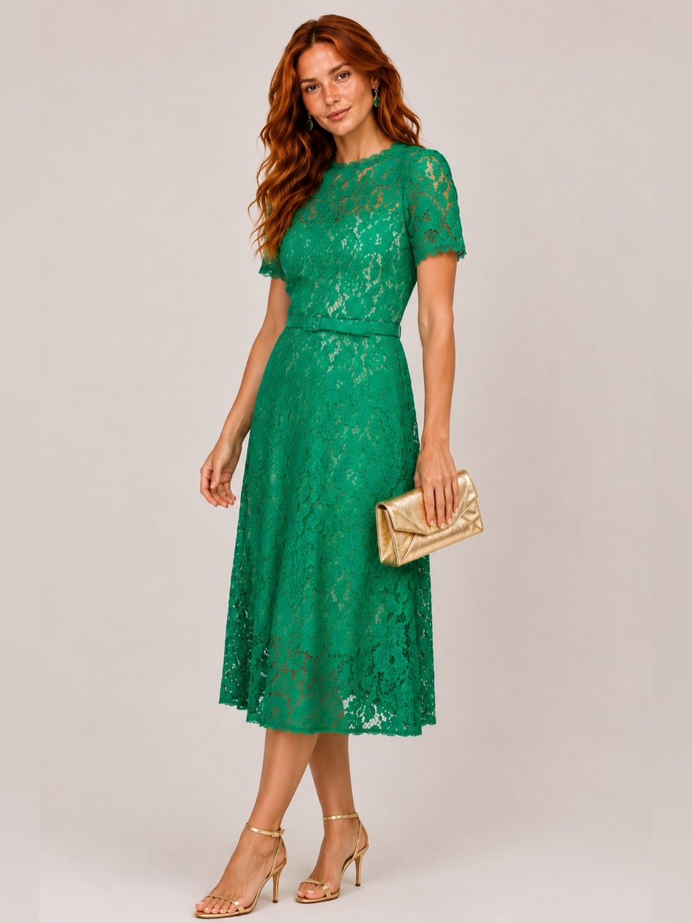 ADRIANNA PAPELL Short Sleeve Lace Midi Dress NWT Size 8 Botanical Green